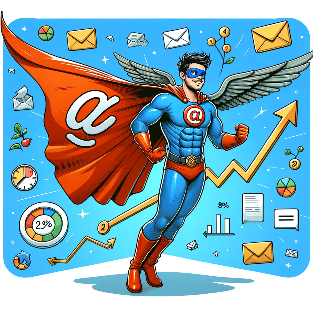 DALL·E 2024-04-21 20.21.19 - Illustrate a cartoon-style superhero character, embodying Email Deliverability. The character sports a vibrant costume with a prominent @ sign on 